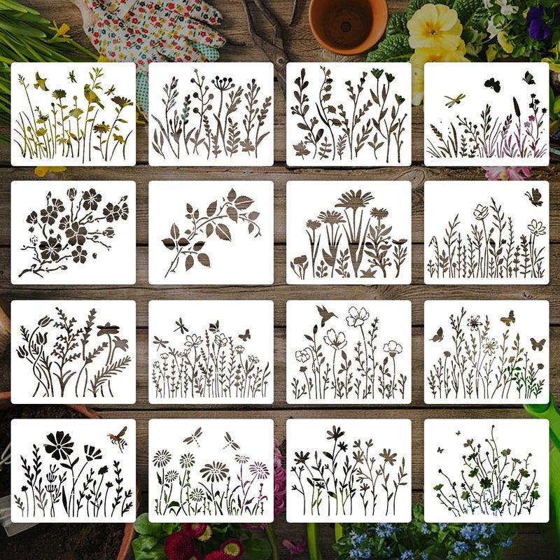 eageus 16 قطعة من استنسل الزهرة البرية للرسم استنسل صغير قابل لإعادة الاستخدام لزهرة الربيع البرية استنسل جداري استنسل قالب رسم صغير للرسم على قماش الحائط الخشبي ديكور المنزل (5x6 بوصة) - Image 1